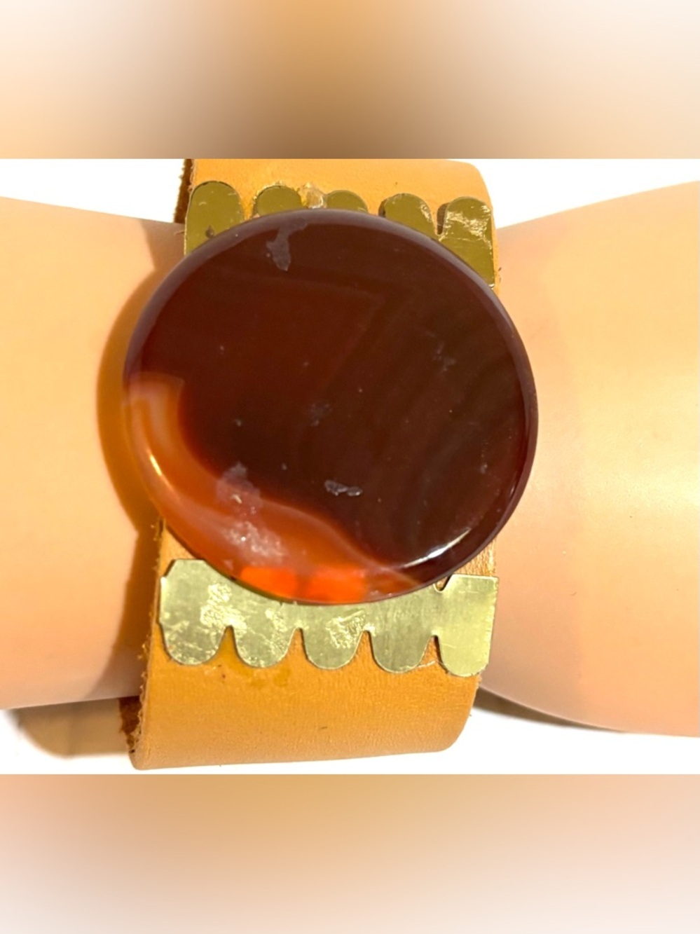 Brown Agate Round Stone Leather Cuff Bracelet